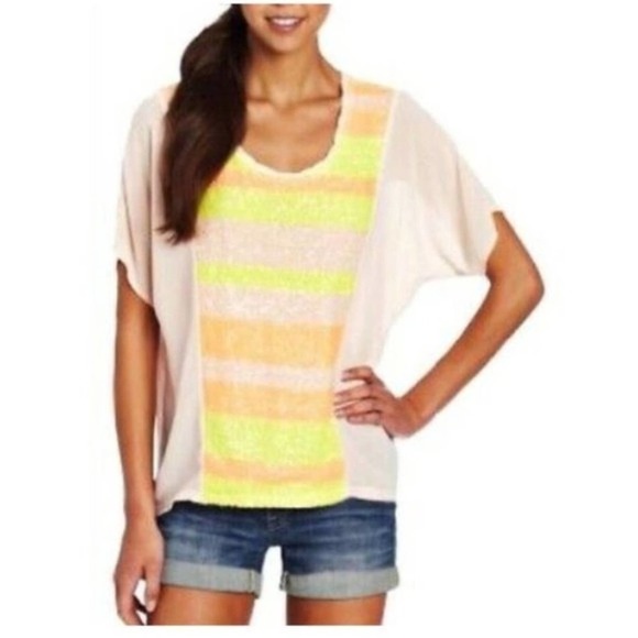 Miss Me Women's Chiffon Sequin Embellished Batwing Top Yellow Cream Size Small - Picture 1 of 8